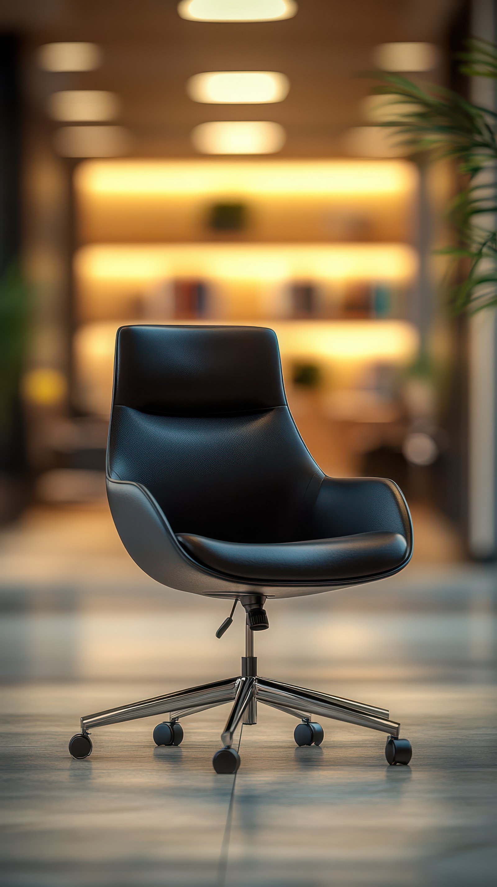 Stylish black office chair in modern workspace with warm lighting and blurred background elements